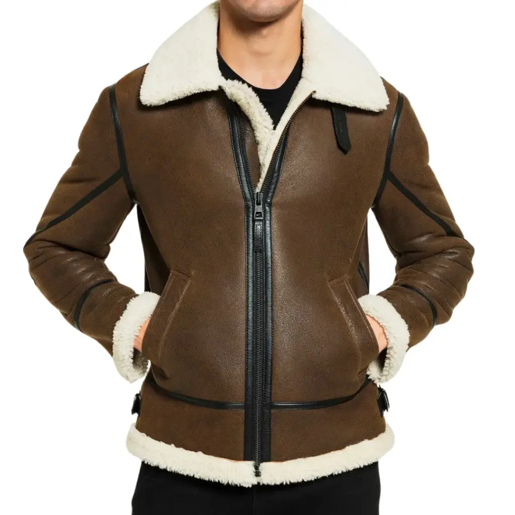Men Bomber Tan & Off-White Shearling Jacket